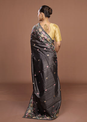 Grey Tussar Silk Saree With Blouse Piece