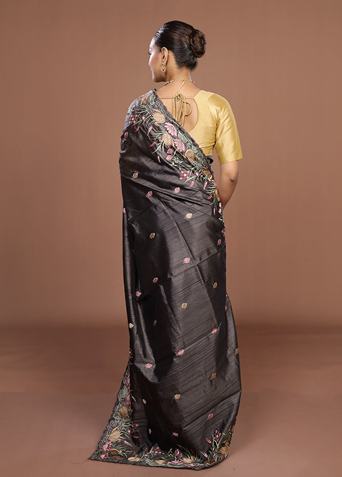 Grey Tussar Silk Saree With Blouse Piece
