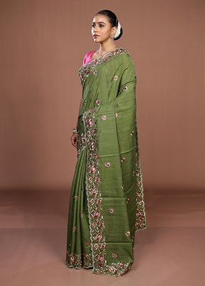 Green Tussar Silk Saree With Blouse Piece