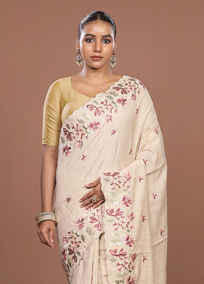 Cream Tussar Silk Saree With Blouse Piece
