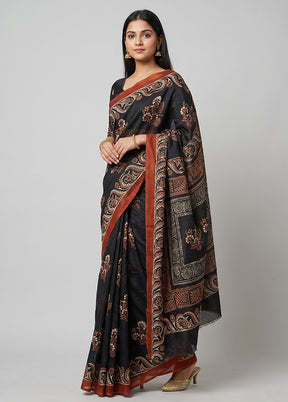 Grey Printed Silk Saree Without Blouse Piece