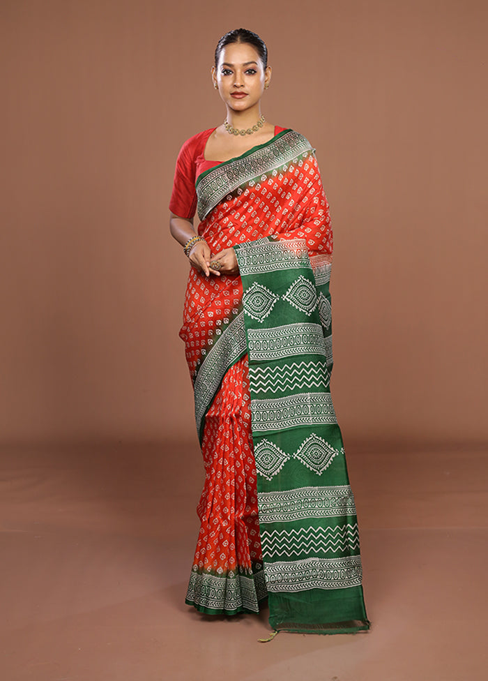 Red Printed Silk Saree Without Blouse Piece