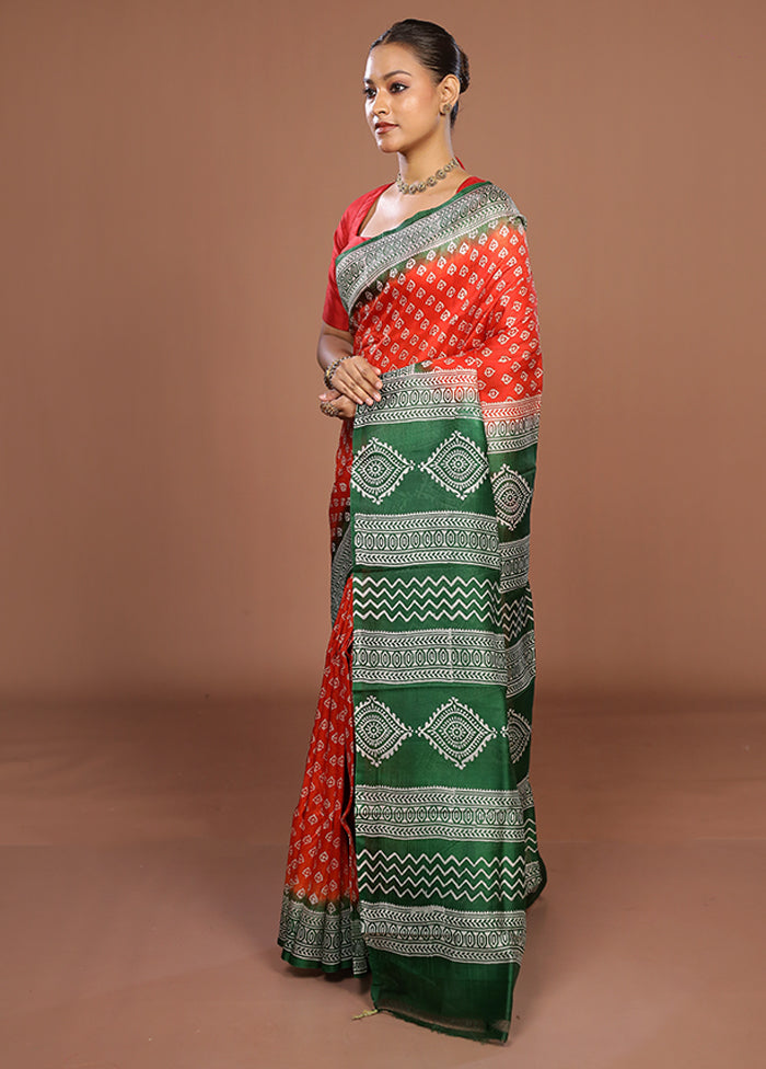 Red Printed Silk Saree Without Blouse Piece