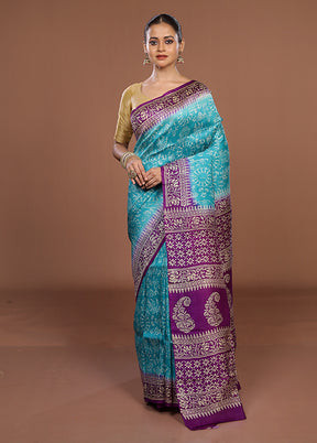 Blue Printed Pure Silk Saree Without Blouse Piece