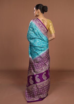 Blue Printed Pure Silk Saree Without Blouse Piece