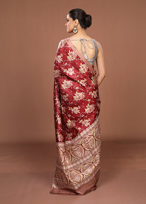Maroon Printed Pure Silk Saree Without Blouse Piece