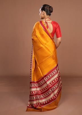 Yellow Printed Silk Saree Without Blouse Piece