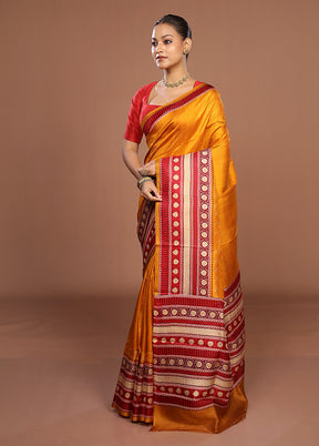 Yellow Printed Silk Saree Without Blouse Piece