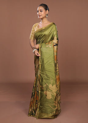Green Printed Pure Silk Saree Without Blouse Piece