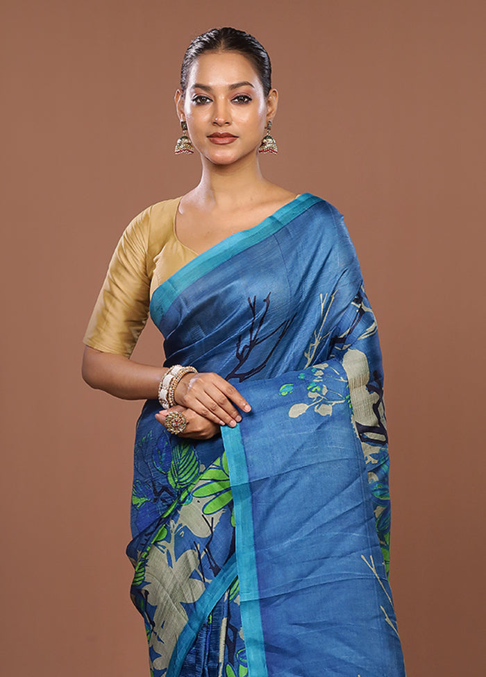 Blue Printed Silk Saree Without Blouse Piece