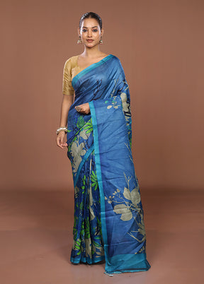 Blue Printed Silk Saree Without Blouse Piece
