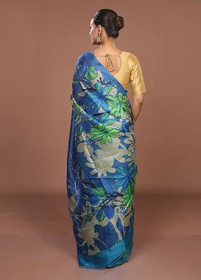 Blue Printed Silk Saree Without Blouse Piece
