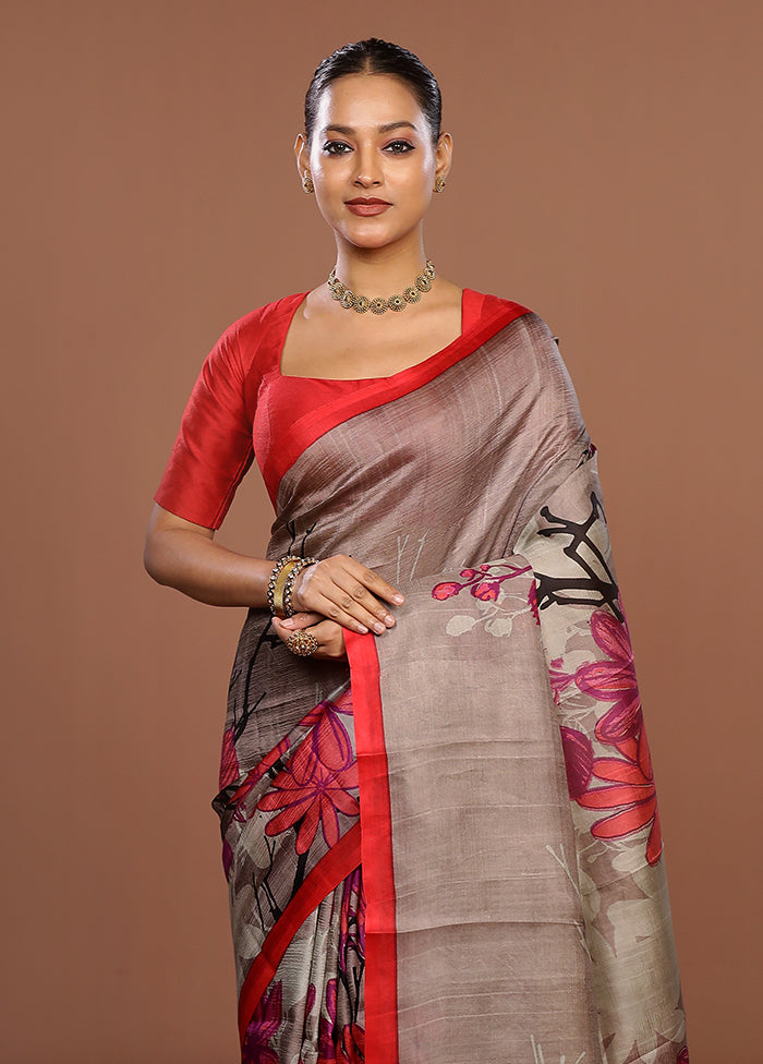 Grey Printed Pure Silk Saree Without Blouse Piece
