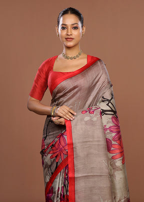 Grey Printed Pure Silk Saree Without Blouse Piece