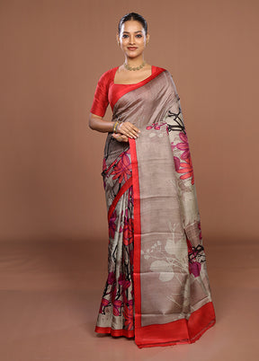 Grey Printed Pure Silk Saree Without Blouse Piece