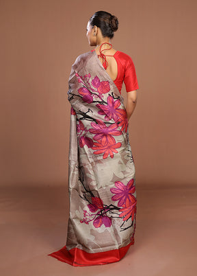 Grey Printed Pure Silk Saree Without Blouse Piece