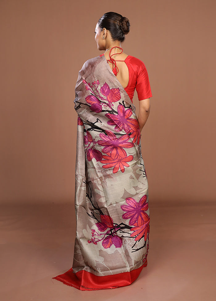 Grey Printed Pure Silk Saree Without Blouse Piece