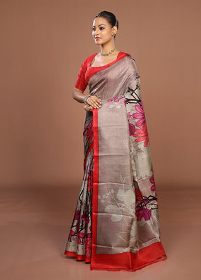 Grey Printed Pure Silk Saree Without Blouse Piece