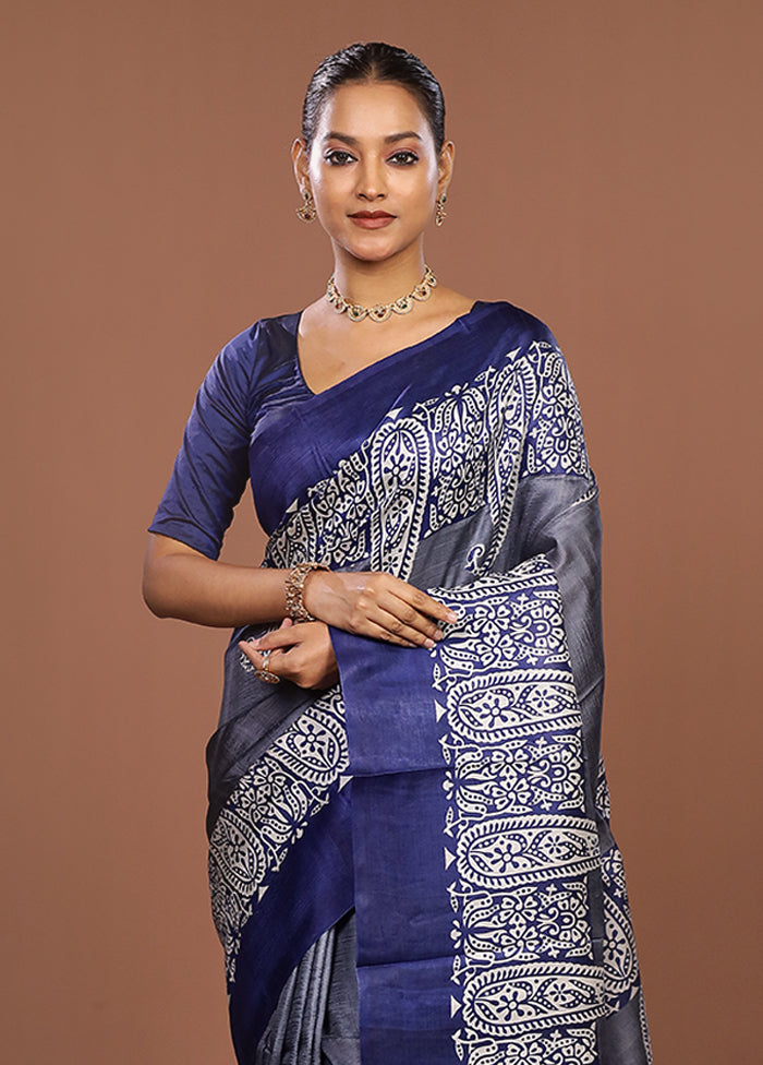 Blue Printed Silk Saree Without Blouse Piece