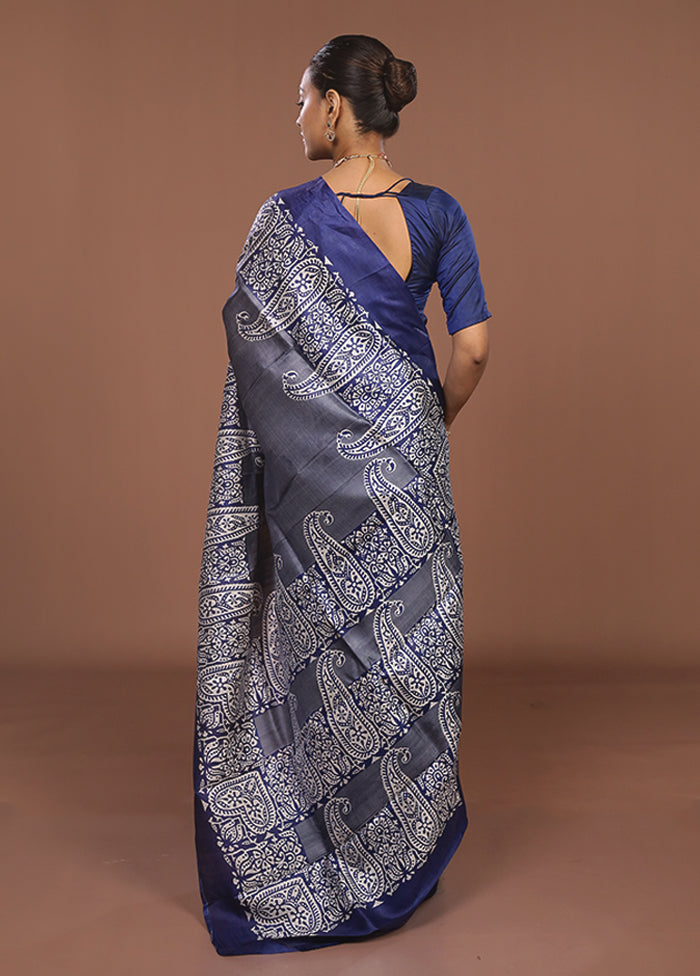 Blue Printed Silk Saree Without Blouse Piece