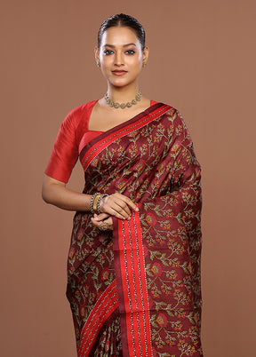 Maroon Printed Silk Saree Without Blouse Piece