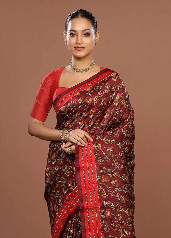 Maroon Printed Silk Saree Without Blouse Piece