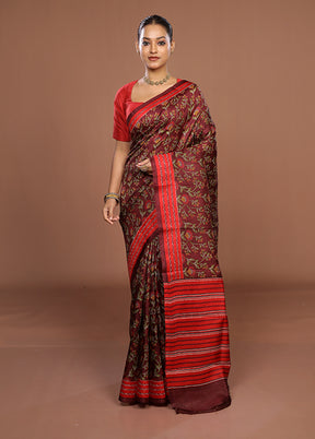 Maroon Printed Silk Saree Without Blouse Piece