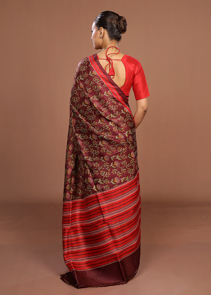 Maroon Printed Silk Saree Without Blouse Piece