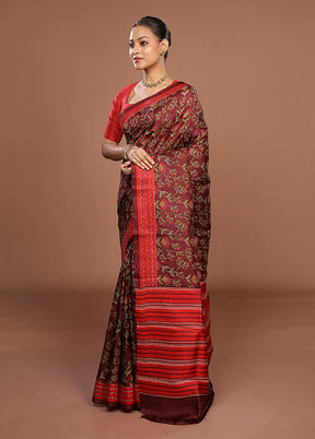 Maroon Printed Silk Saree Without Blouse Piece
