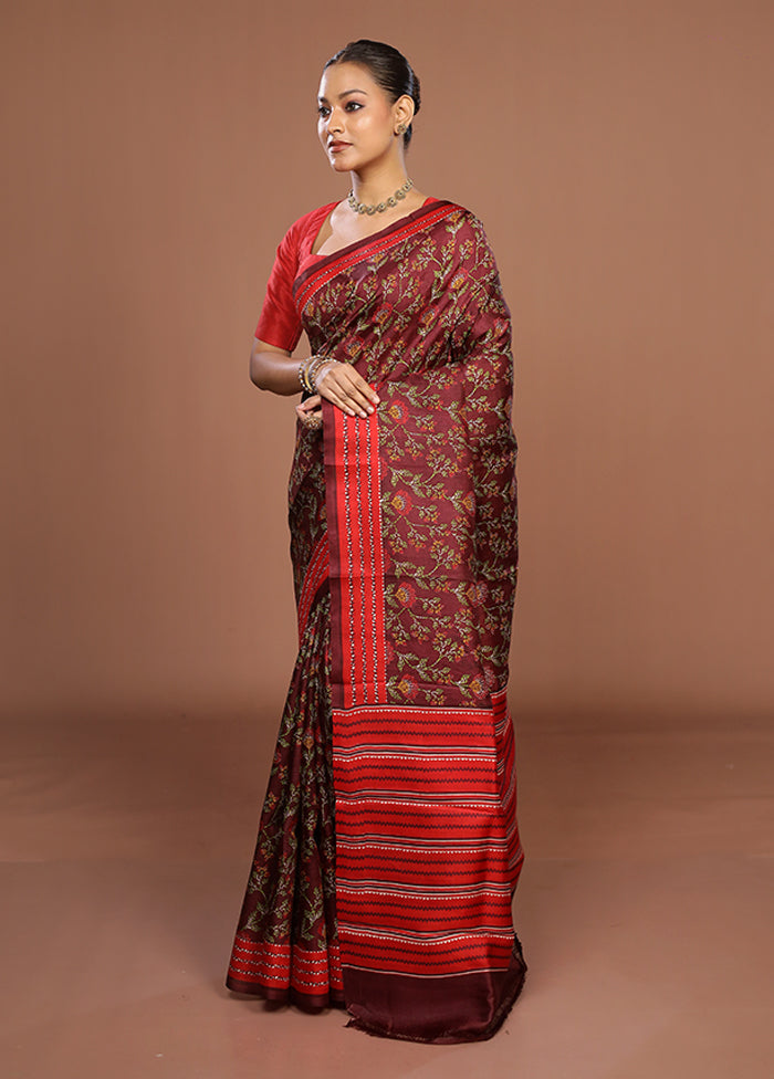 Maroon Printed Silk Saree Without Blouse Piece