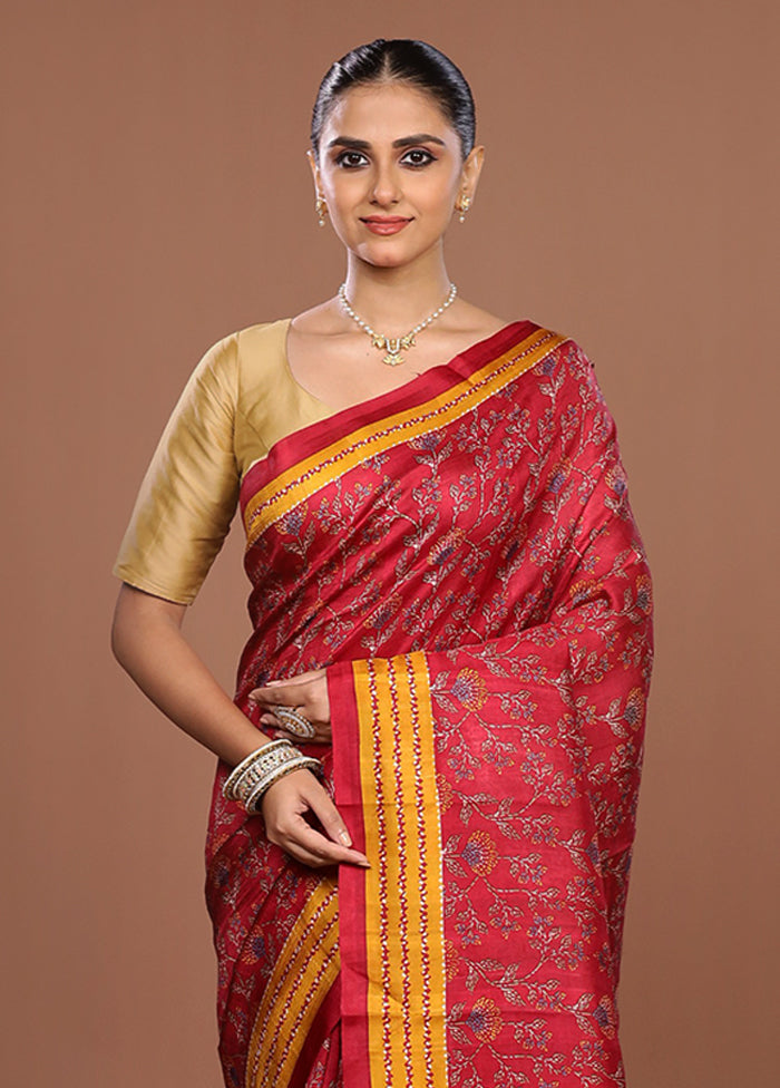 Red Printed Silk Saree Without Blouse Piece