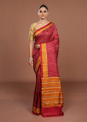 Red Printed Silk Saree Without Blouse Piece