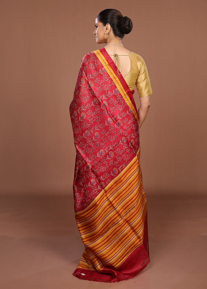 Red Printed Silk Saree Without Blouse Piece