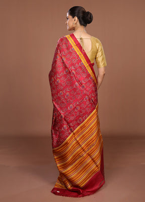 Red Printed Silk Saree Without Blouse Piece