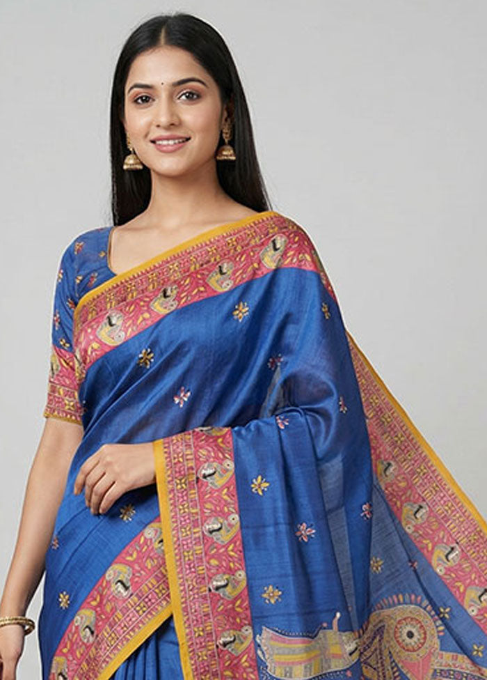 Blue Printed Silk Saree Without Blouse Piece