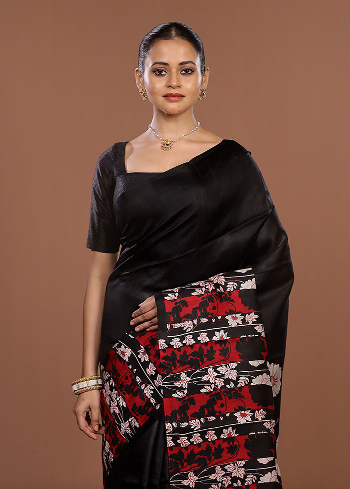 Black Printed Silk Saree Without Blouse Piece