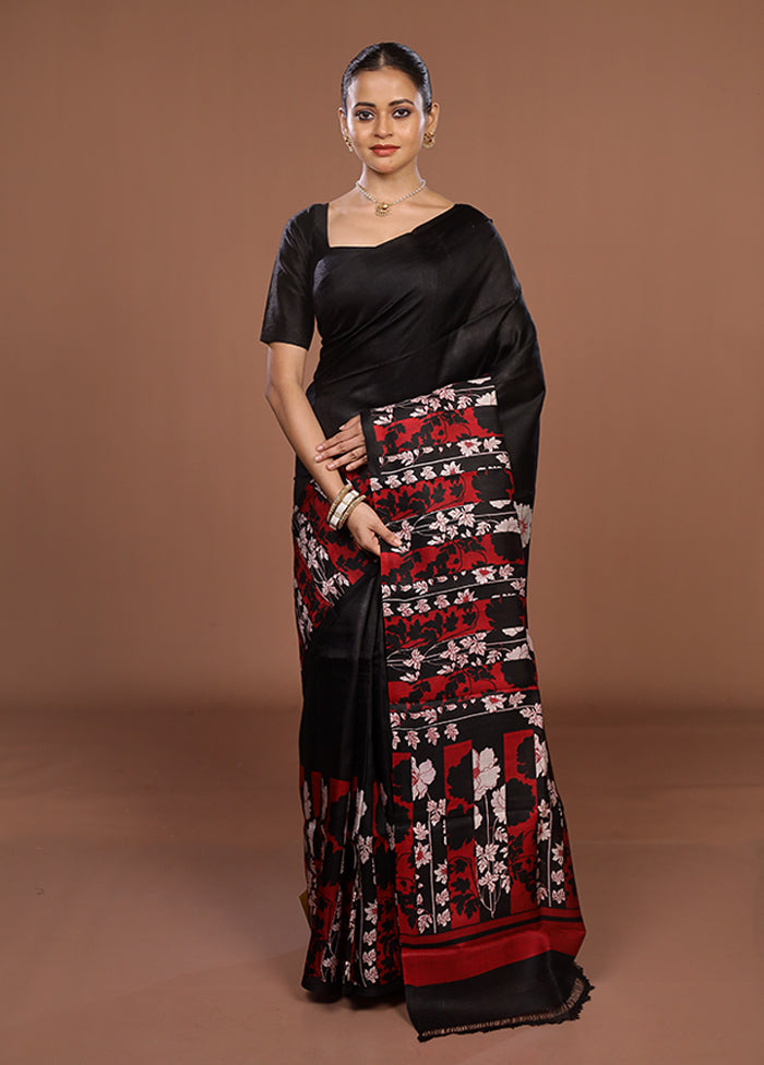 Black Printed Silk Saree Without Blouse Piece