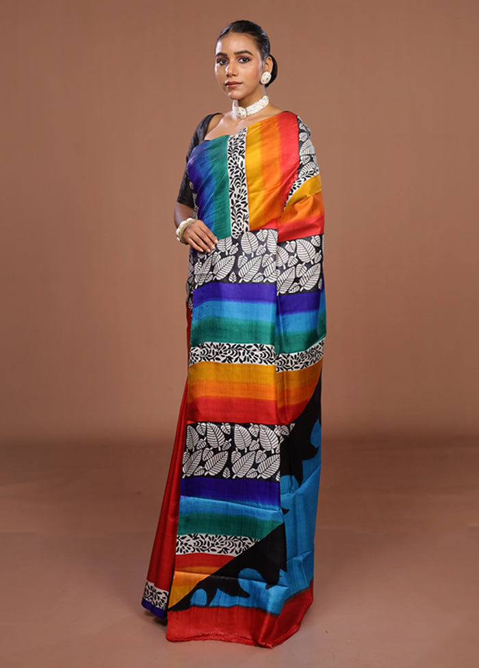 Red Printed Silk Saree Without Blouse Piece