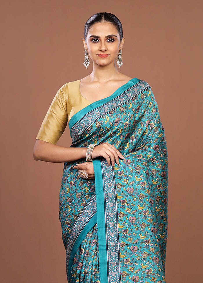Green Printed Silk Saree Without Blouse Piece