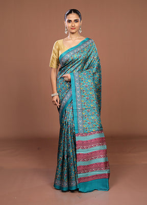 Green Printed Silk Saree Without Blouse Piece