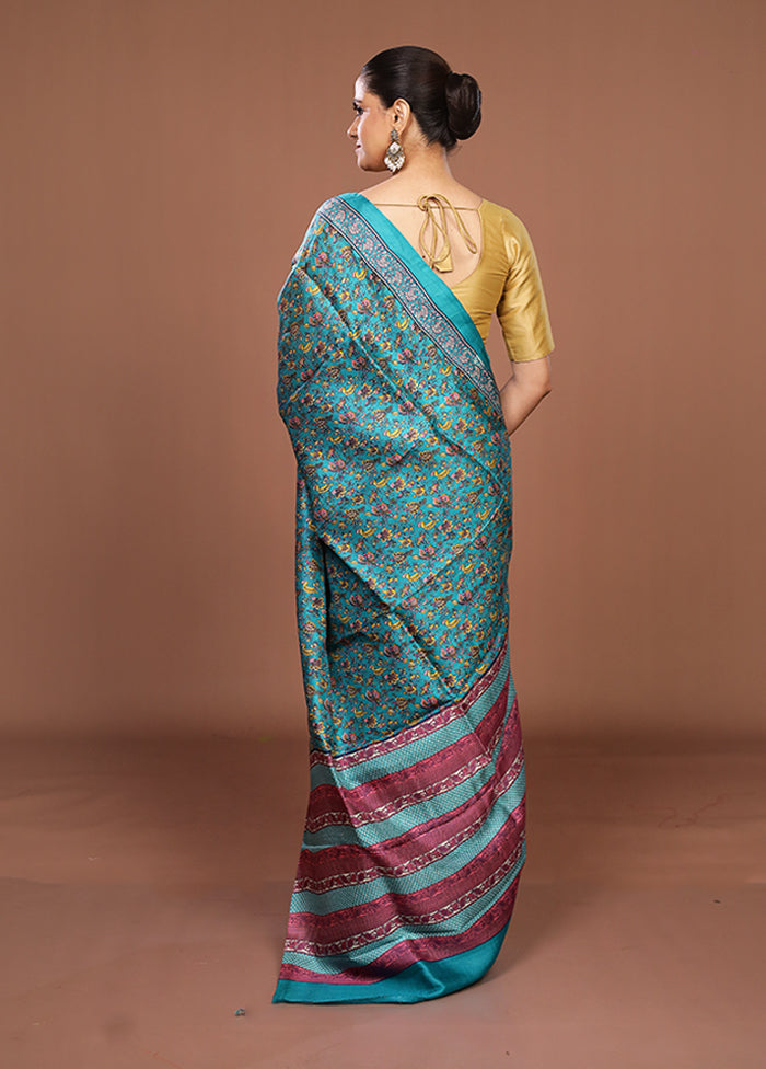 Green Printed Silk Saree Without Blouse Piece