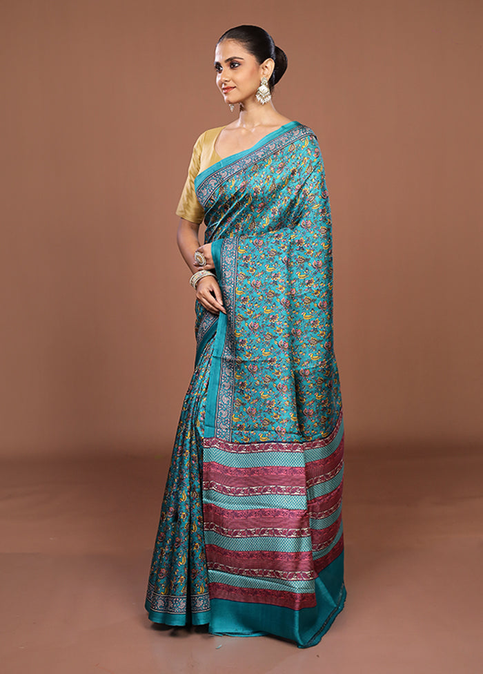 Green Printed Silk Saree Without Blouse Piece