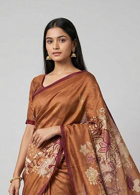 Rust Printed Silk Saree Without Blouse Piece