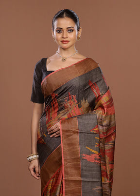 Grey Tussar Silk Saree With Blouse Piece