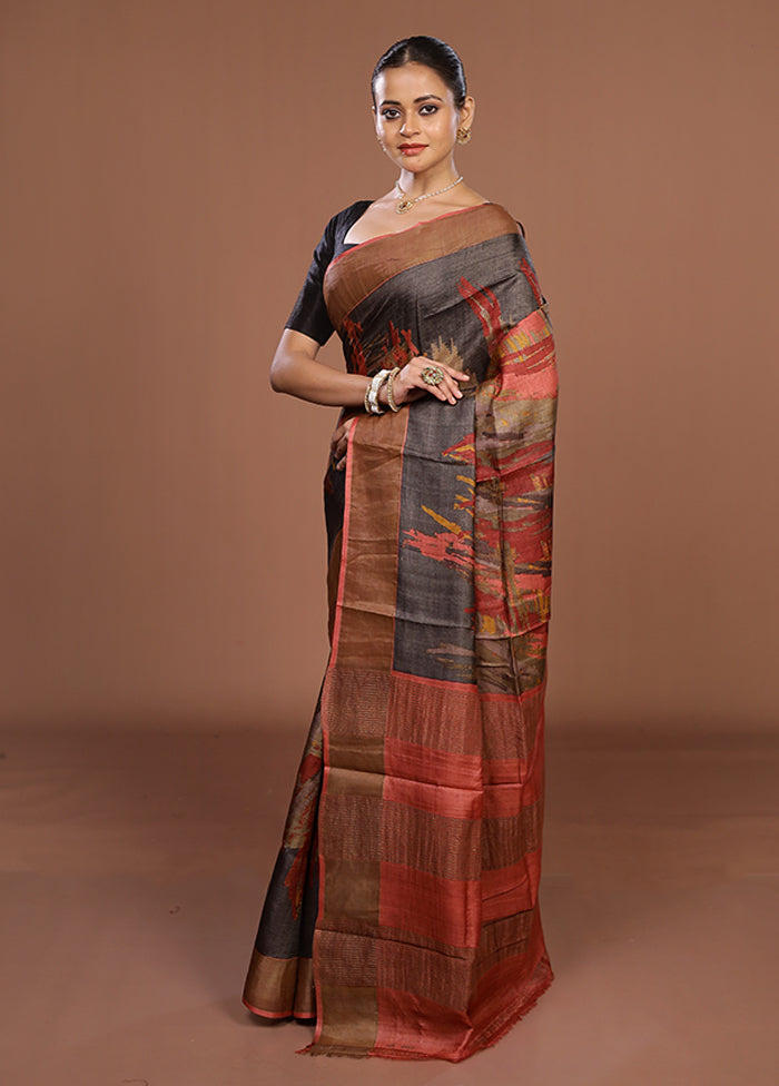 Grey Tussar Silk Saree With Blouse Piece