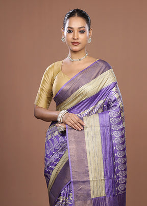 Purple Handloom Tussar Pure Silk Saree With Blouse Piece