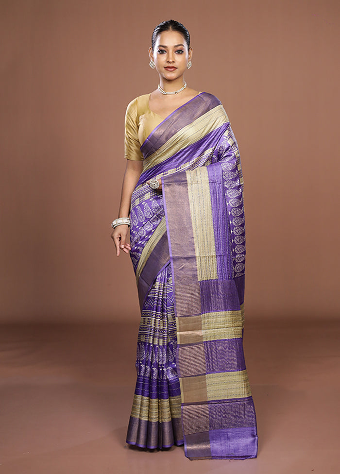 Purple Handloom Tussar Pure Silk Saree With Blouse Piece