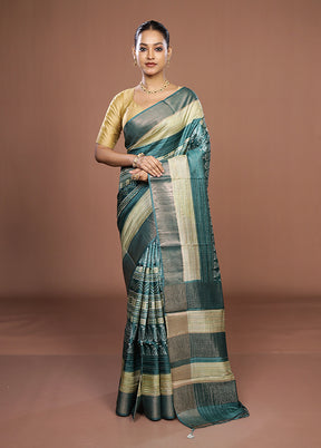 Green Handloom Tussar Pure Silk Saree With Blouse Piece