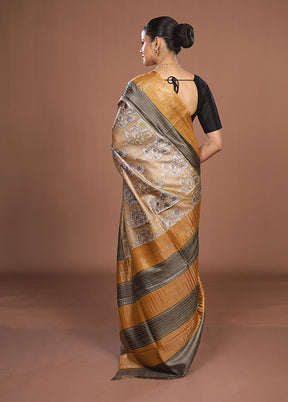 Cream Handloom Tussar Pure Silk Saree With Blouse Piece