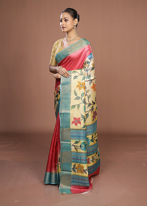 Cream Handloom Tussar Pure Silk Saree With Blouse Piece